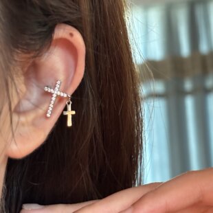 [楼哈哈]无痛耳骨夹银色十字架锆石无耳洞耳饰酷帅冷淡中性风耳夹
