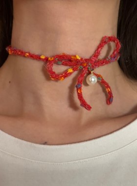 【楼哈哈】手工毛线混色蝴蝶结珍珠choker短款颈带秋冬毛绒项圈