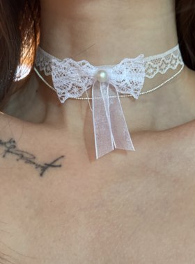 【楼哈哈】法式蕾丝蝴蝶结项链女白色项圈女仆可爱颈圈choker颈链