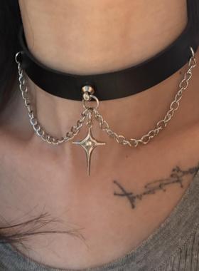 [楼哈哈]朋克四芒星吊坠颈环暗黑pu皮choker项圈锁骨链A系颈链