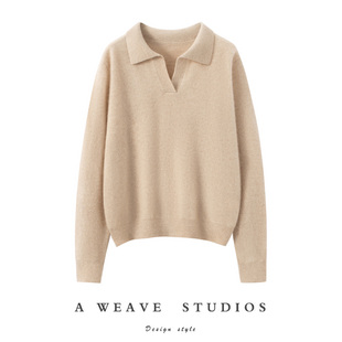 极简风100%纯山羊绒衫女士翻领轻奢毛衣polo领针织衫慵懒风打底衫