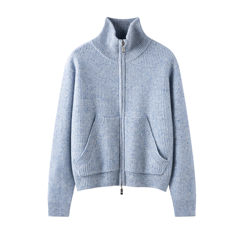 秋冬休闲百搭山羊绒开衫女高领软糯拉链毛衣外套宽松慵懒风针织衫