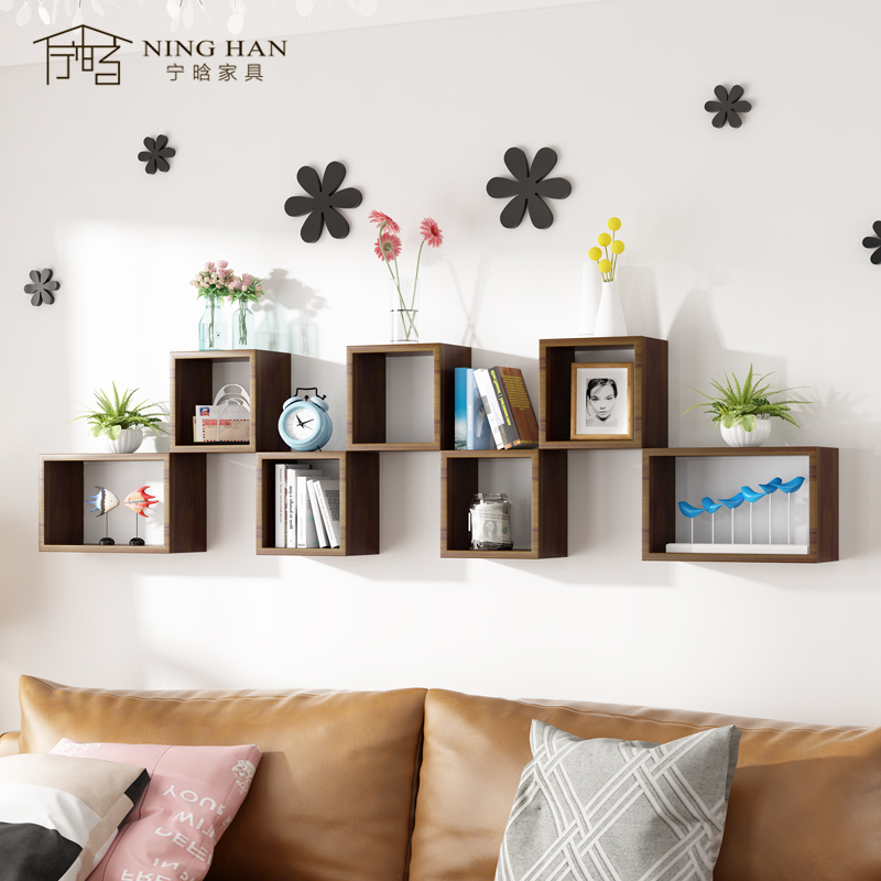 实木壁挂墙柜置物架大框创意书架客厅电视背景墙面储物架挂柜壁柜