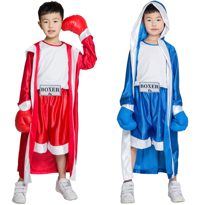 儿童拳王cosplay扮演服搏击运动服男童红蓝拳击手比赛服连帽披风