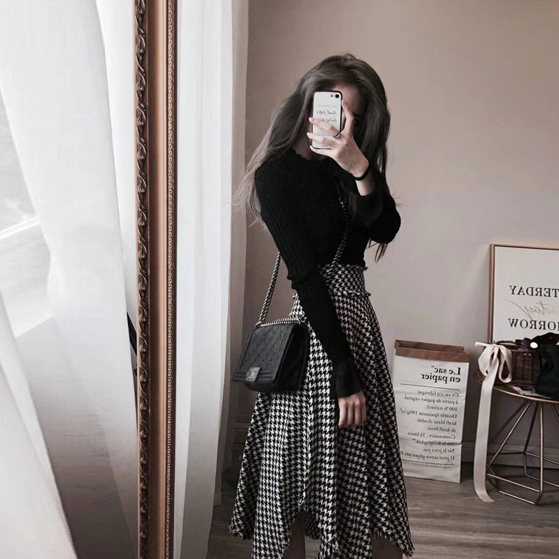 FRIED STREET HEPBURN STYLE SKIRT SET FOREIGN AUTUMN AND WINTER NEW WOMENS HOUNDSTOOTH KNITTED DRESS WOOLEN TWO-PIECE SET