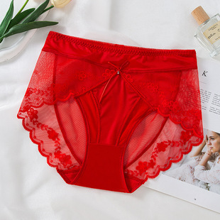 大红色蕾丝女士内裤性感中腰无痕蕾丝内裤速干纯棉裆新品女三角裤