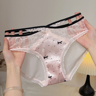 高级法式蕾丝内裤女缎面蝴蝶结镂空性感纯欲风交叉细带低腰三角裤