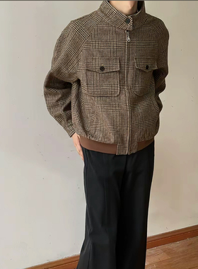 威尔士亲王千鸟格羊毛夹克男秋冬哈灵顿短宽立领设计外套立体剪裁