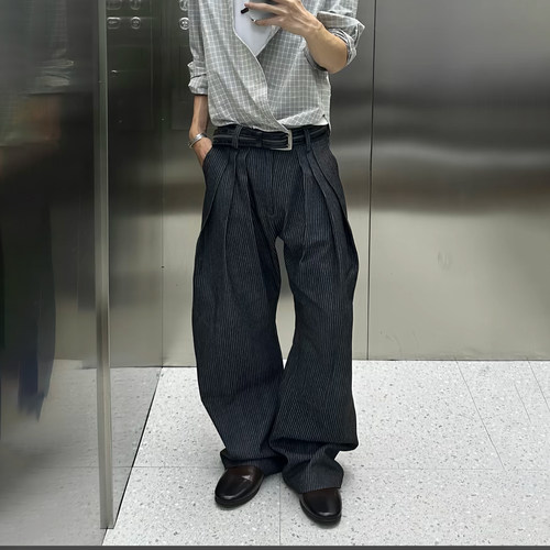 三褶条纹复古老钱风原牛西裤