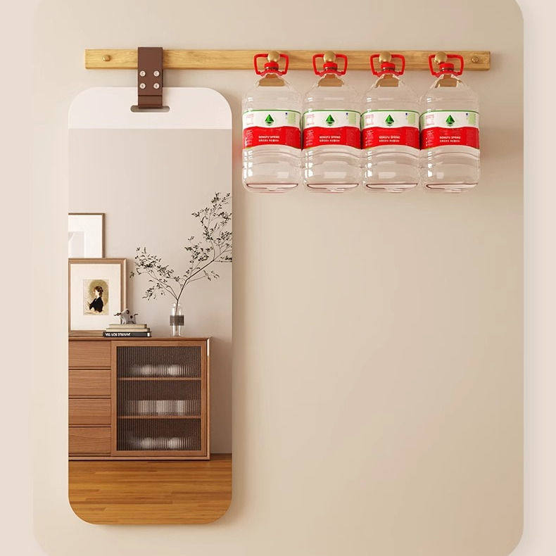 实木壁挂穿衣镜门后贴墙全身镜女生玄关试衣服镜子挂衣架一体镜