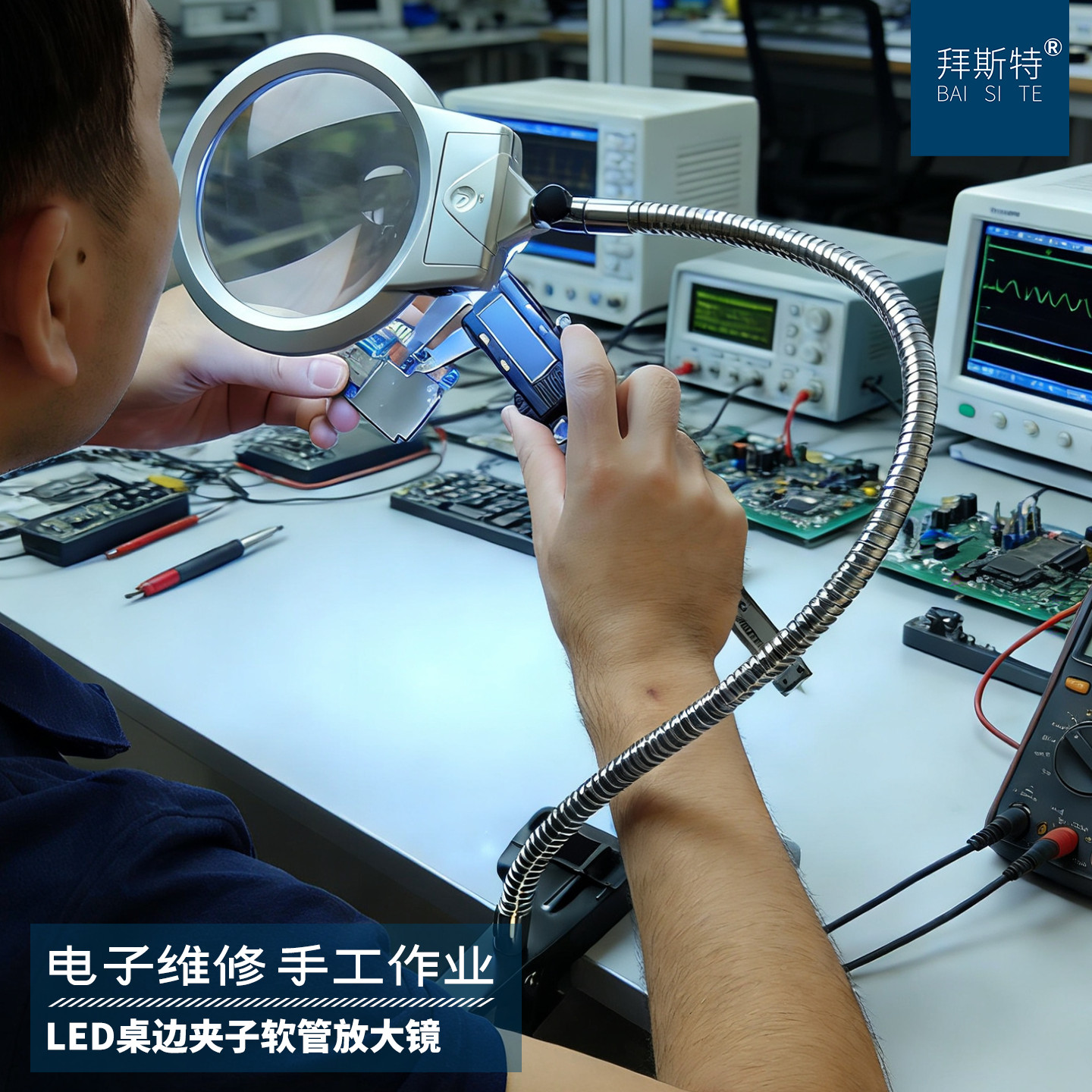 拜斯特2.5倍台式维修放阅读大镜光学镜片金属管led光源补光灯便携