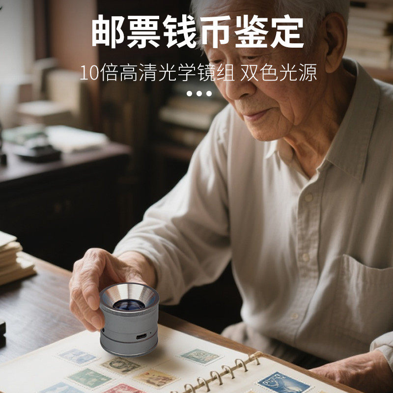 拜斯特圆筒放大镜10倍带刻度带紫光灯充电邮票钱币鉴定印刷网格点