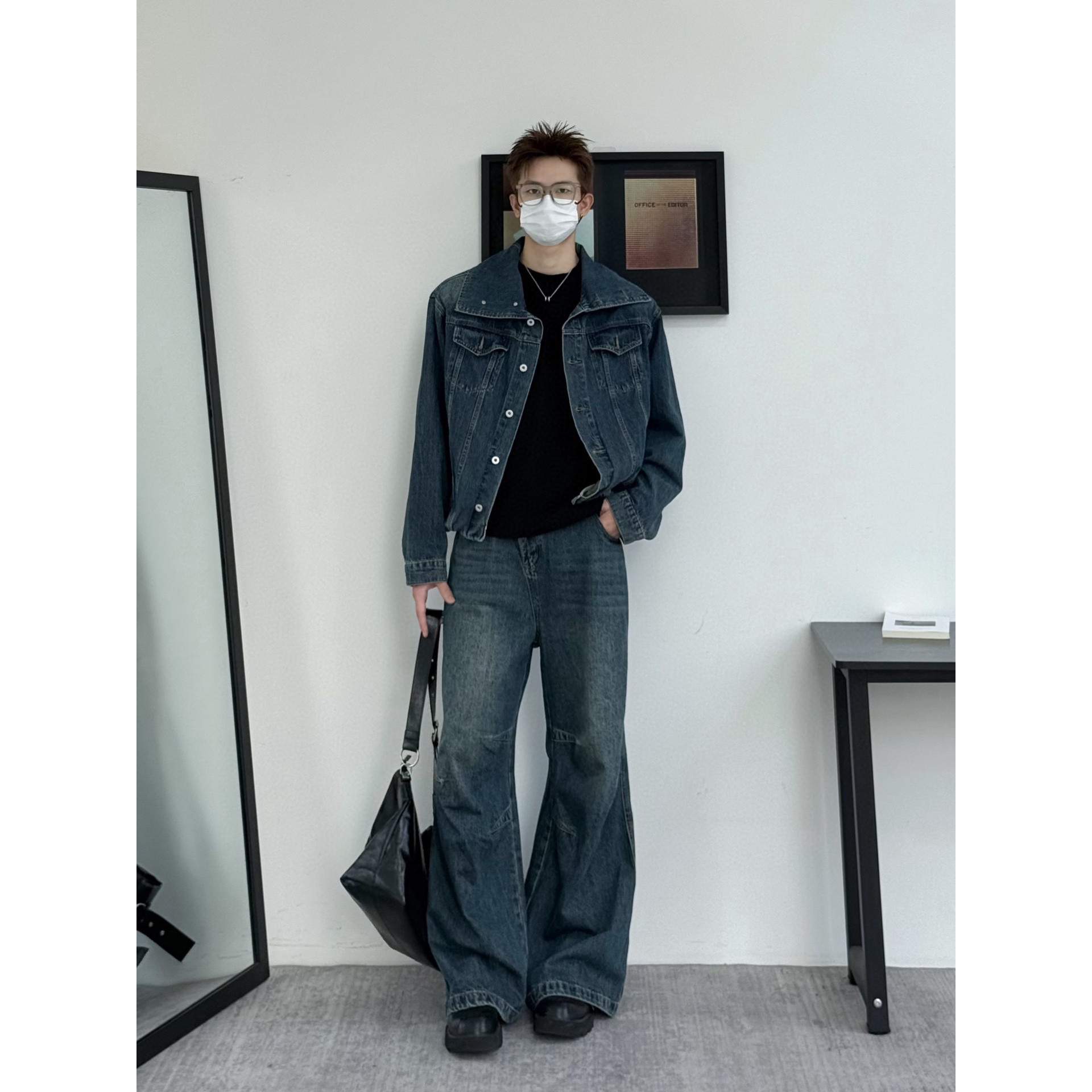 AYUN Studio 孙聖云小众复古套装高领卷边长袖牛仔衣斜门襟伞兵潮