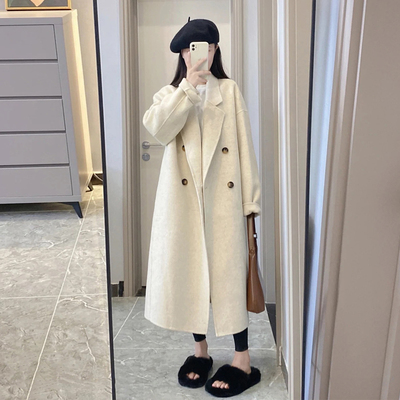 燕麦色双面羊绒呢子大衣女中长款冬季高级感赫本风毛呢外套小个子