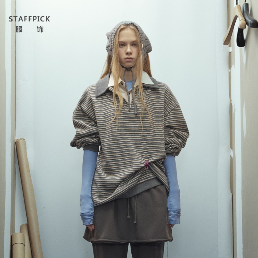 STAFFPICK潮牌服饰 秋翻领T恤男女宽松休闲假两件长袖条纹POLO衫