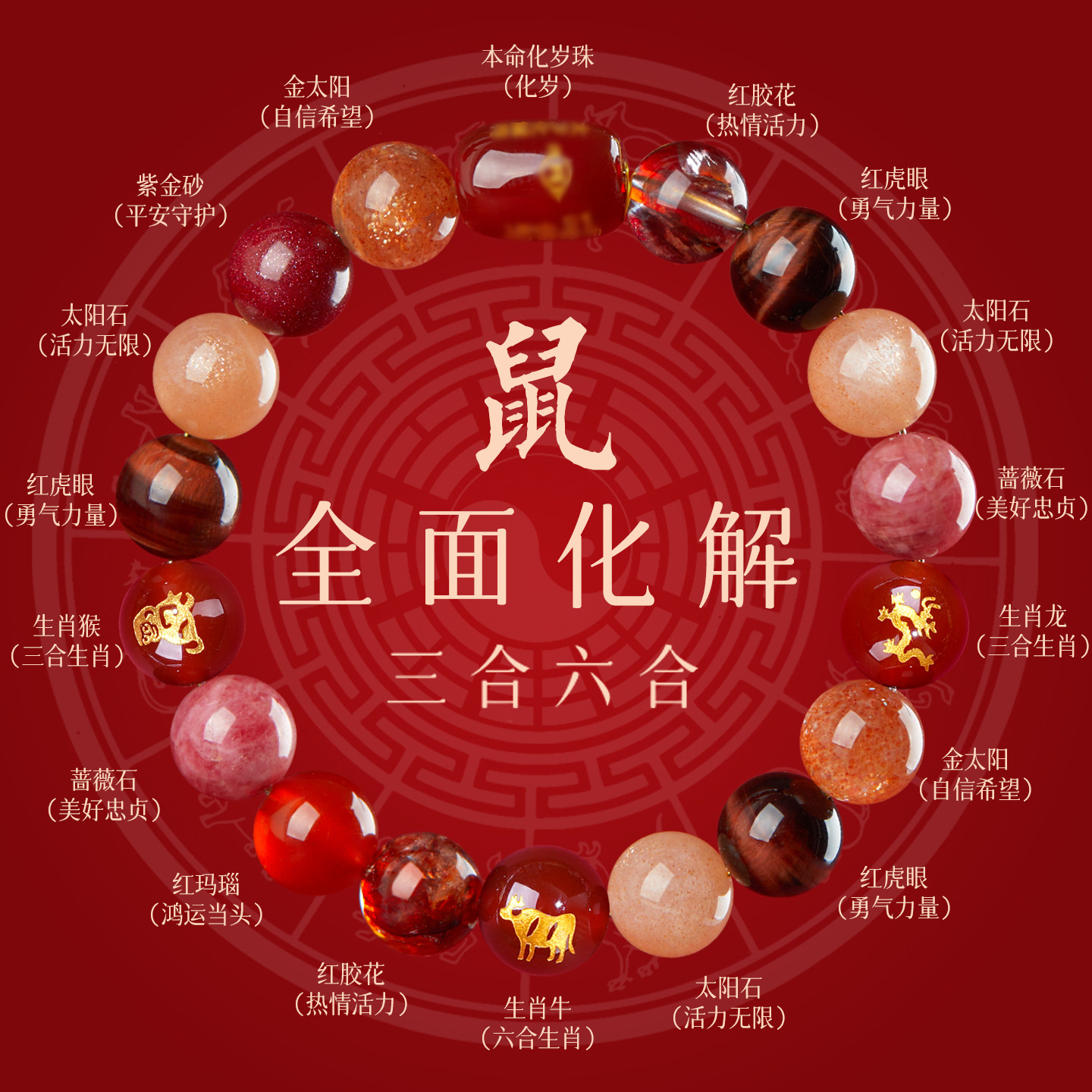 十二生肖本命年鼠马三合六合水晶手链红虎眼太阳石手串男女款礼物