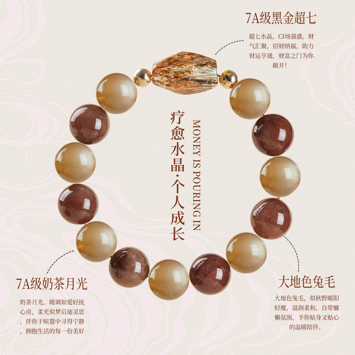 天然正品水晶手串7A收藏级黑金超七兔毛水晶手链招财男女款送礼物