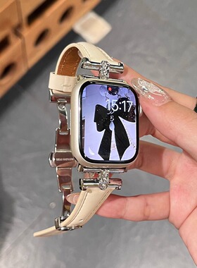适用华为皮质凯旋门镶钻蝴蝶扣苹果iwatch10手表表带GT4proGT5/3