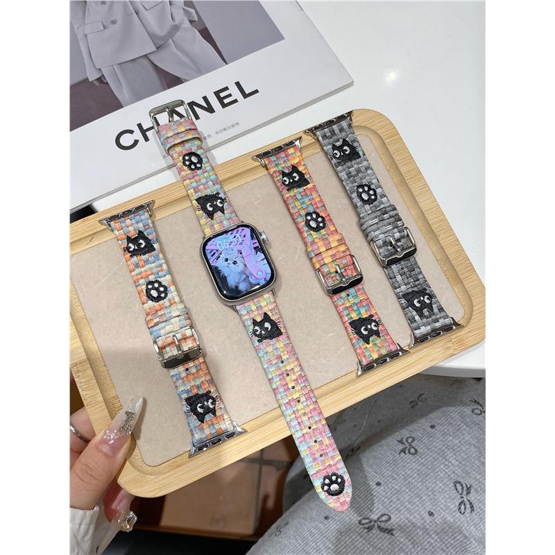 Moon猫咪编织表带iwatch876543se小香风刺绣真皮彩虹格子小众卡通