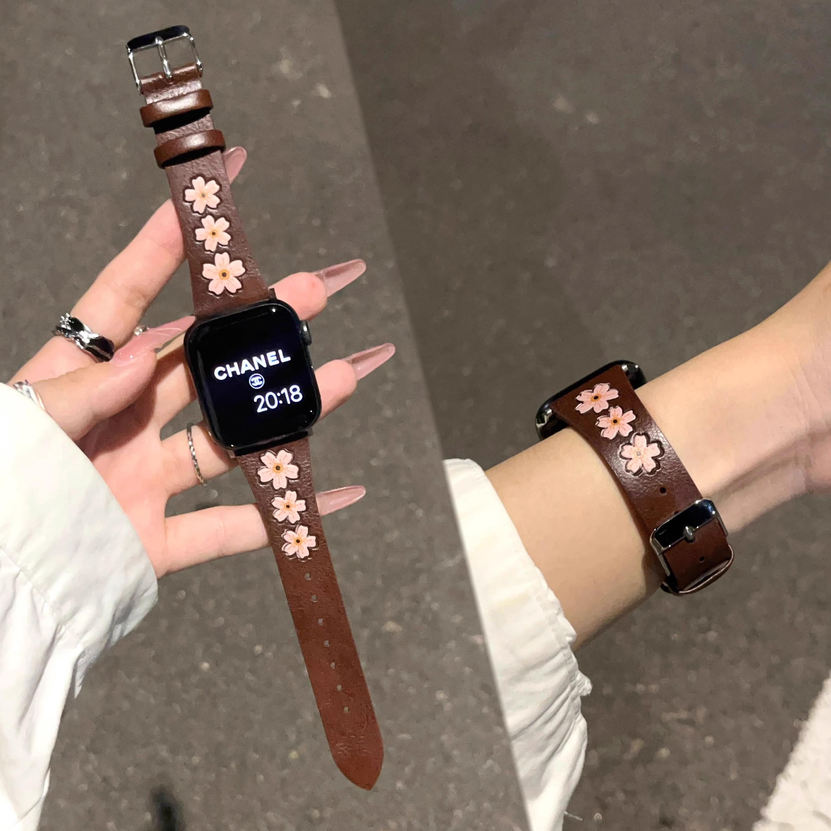 高级感刺绣真皮表带适用苹果s10手表applewatchS98SE华为Fit3