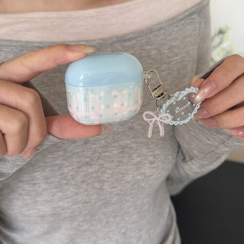 适用苹果AirPods4保护套粉蓝格子星星新款Air PodsPro2耳机保护壳AirPodsPro第二代全包防摔airpods3/2
