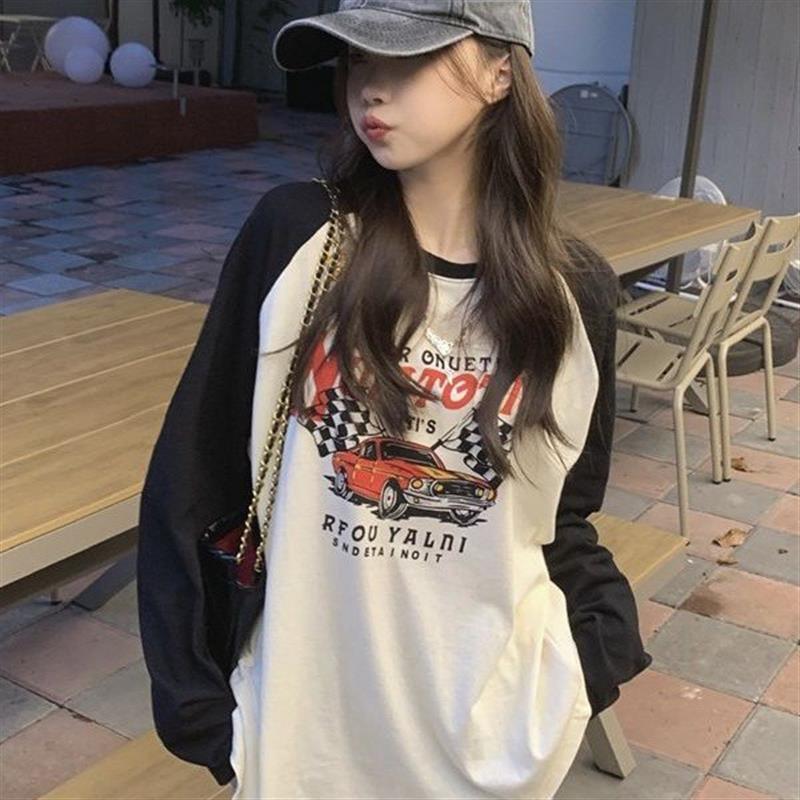 美式复古女装上衣小众设计感黑白撞色长袖打底衫秋冬插肩袖t恤女