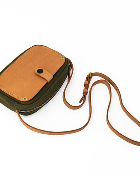 植鞣头层牛皮女包帆布包拼色复古小方包文艺斜挎包真皮迷你手机包