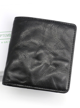 真皮头层牛皮皱褶复古小钱包扣式零钱包硬币包多卡位男式小卡夹潮