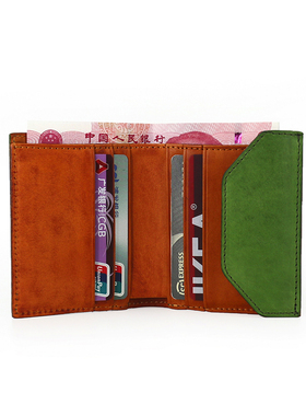 真皮植鞣头层牛皮男钱包复古信封卡包女生短款零钱包搭扣撞色卡夹