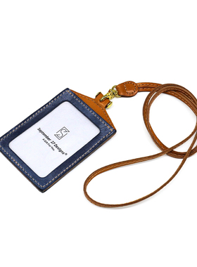 日韩头层牛皮工牌卡套女式真皮卡位挂脖零钱包撞色复古刻字卡包男