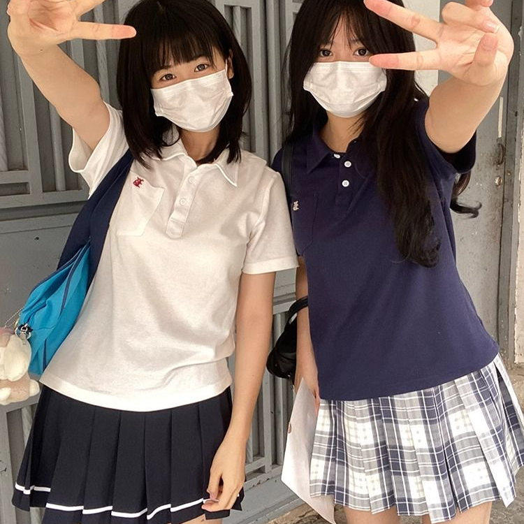 甜美夏季jk基础刺绣学院风短袖polo衫T恤女学生上衣宽松百搭校服