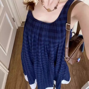 日系复古蓝色方领格子吊带连衣裙女夏季海边度假风无袖背心长裙子