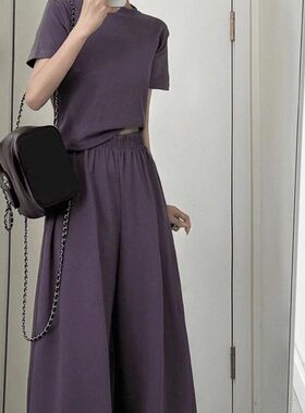 夏季休闲时尚搭配一整套韩系慵懒修身显瘦短袖阔腿裤紫色两件套女