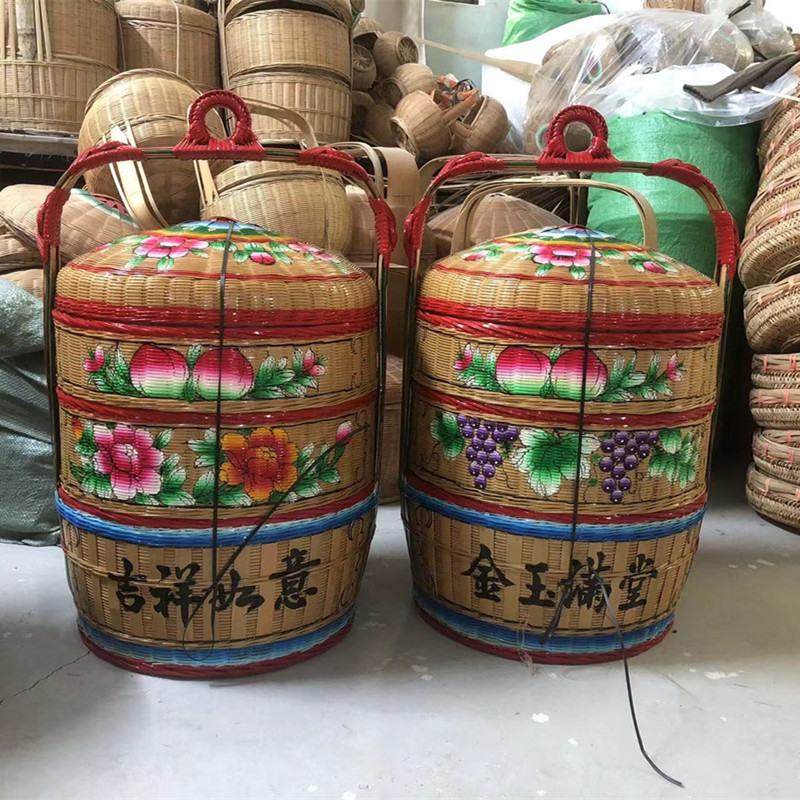 潮汕竹篮子花篮三层大春盛潮州婚庆喜庆结婚嫁娶喜篮手工编织果篮