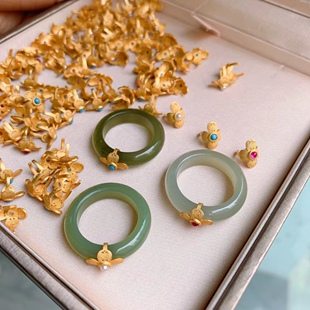 925纯银古法银镶嵌珍珠松石卡口素圈戒指环叮当镯夹扣万能配件