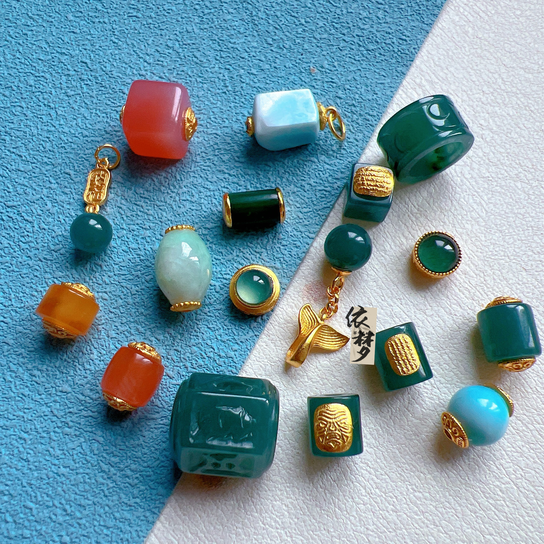 S925古法银五条经蓝水翡翠豆豆隔珠桶珠蜜蜡南红碧玉吊坠diy配件