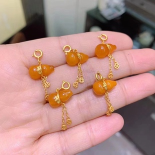 925古法纯银镶天然蜜蜡钱币葫芦流苏吊坠提溜DIY纯银手链编绳配件