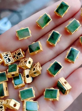 925银古法银镀金镶嵌翡翠辣绿色方砖块多宝隔珠手链穿珠diy配件