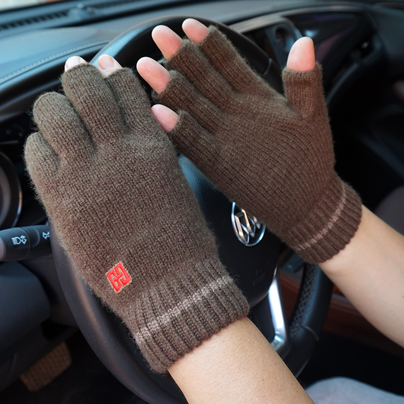 克拉斯卡秋冬男羊毛半指保暖手套