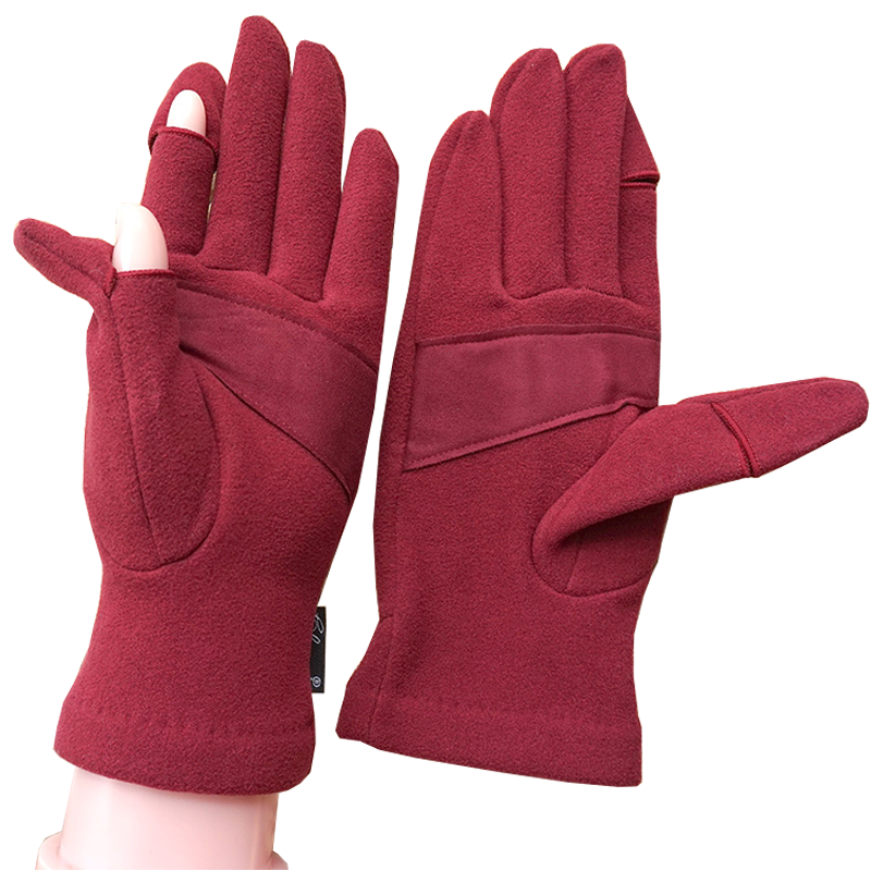 克拉斯卡秋冬男女款情侣款翻露二指触屏手套加绒开车防滑保暖德绒