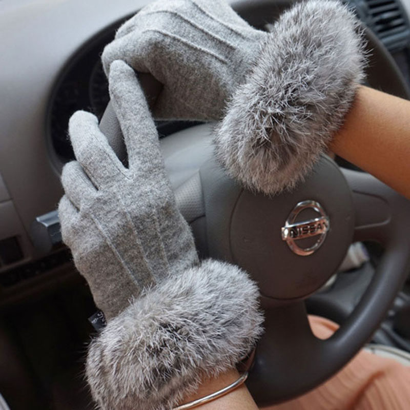 克拉斯卡 女士秋冬季羊毛保暖手套兔毛口分指薄款短款开车手套