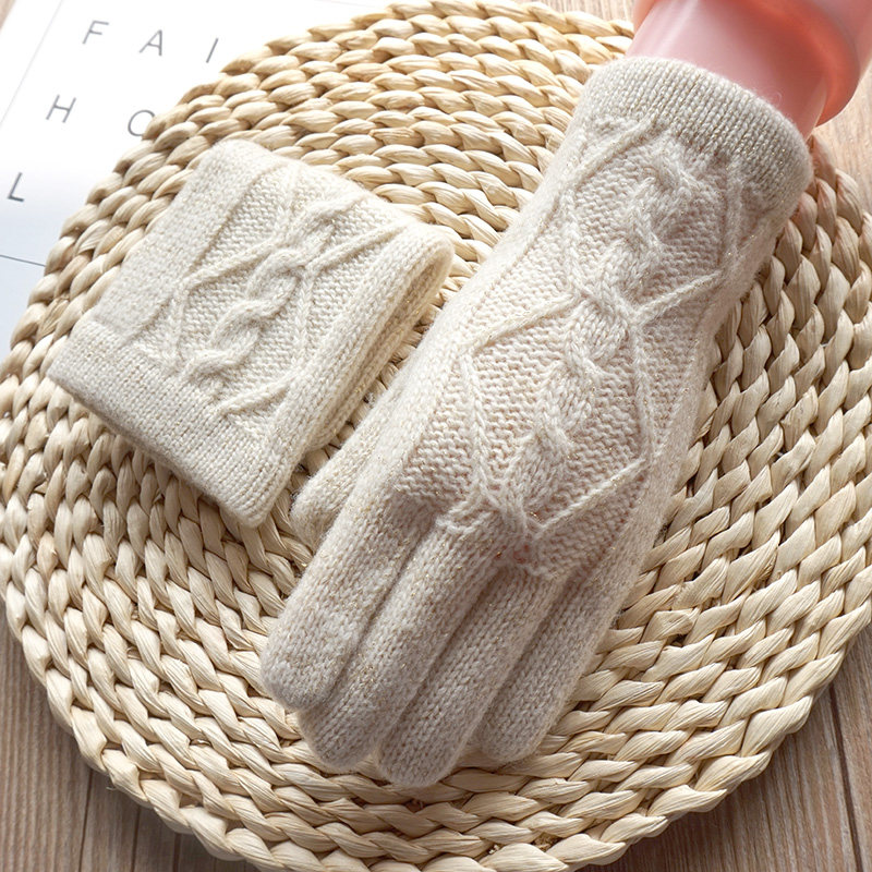 克拉斯卡 女士秋冬新品羊毛毛线针织保暖触屏优雅金银线拧花手套