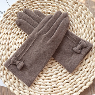 薄款 女士时尚 羊毛保暖手套全指蝴蝶结开车手套 秋冬季 克拉斯卡