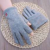 克拉斯卡冬季 男士 加绒加厚保暖触屏羊毛手套半指露指双层针织开车