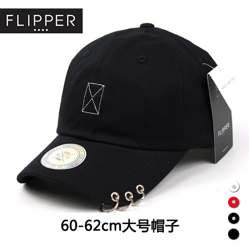 大号棒球帽Flipper韩国潮牌3铁环刺绣X框飘带春夏大头围鸭舌帽子