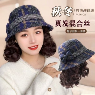 假发时尚帽子一体渔夫帽秋冬季格子中老年妈妈礼帽真发卷发头套