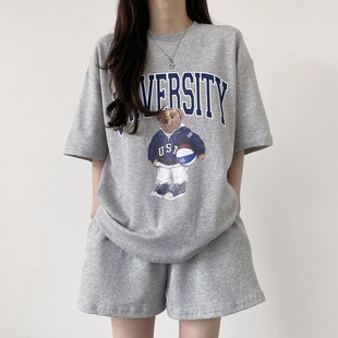 含棉两件套装女大码韩版夏季时尚休闲运动服卡通短袖短裤女装