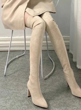 优尚品～超显腿长过膝高筒弹力瘦瘦靴绒面粗跟长筒靴高跟尖头长靴
