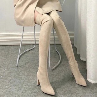 优尚品～超显腿长过膝高筒弹力瘦瘦靴绒面粗跟长筒靴高跟尖头长靴