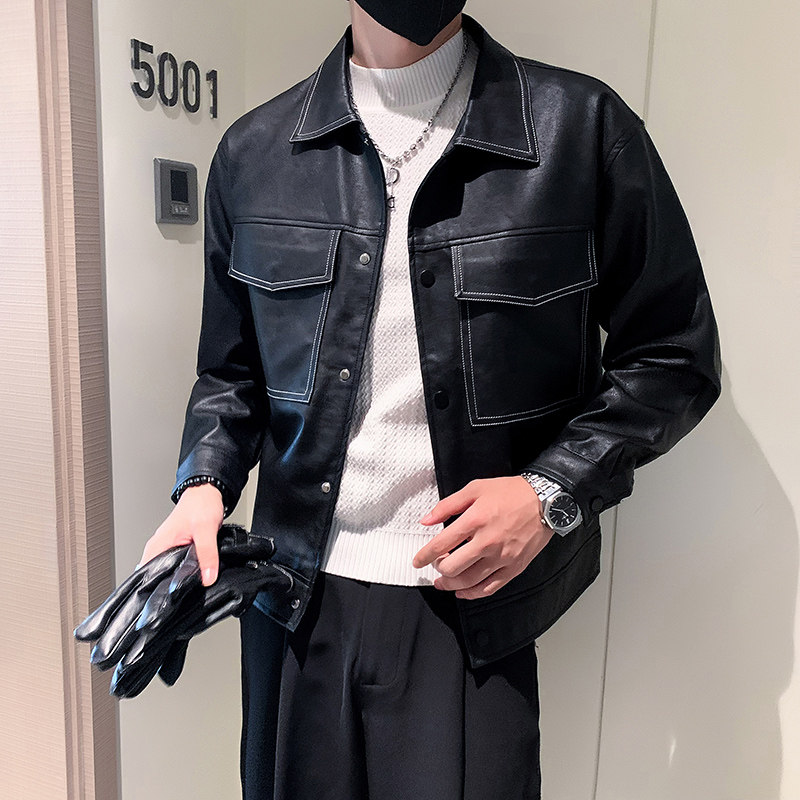 店主风秋冬男士翻领皮衣潮流帅气皮夹克夹克外套男PY21-P125,男装皮衣,电商A370